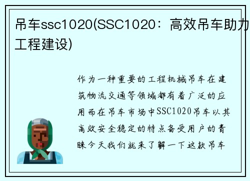 吊车ssc1020(SSC1020：高效吊车助力工程建设)