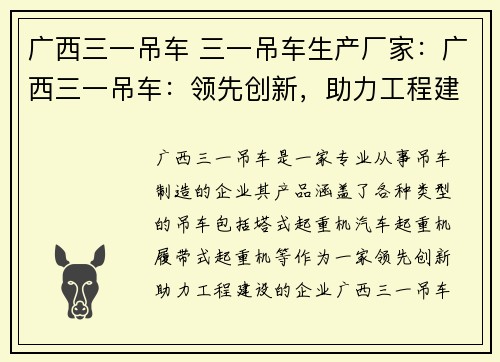 广西三一吊车 三一吊车生产厂家：广西三一吊车：领先创新，助力工程建设